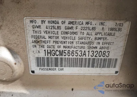 2003 Honda Accord 2.4 Ex z USA, uszkodzony, nr VIN 1HGCM56653A132083